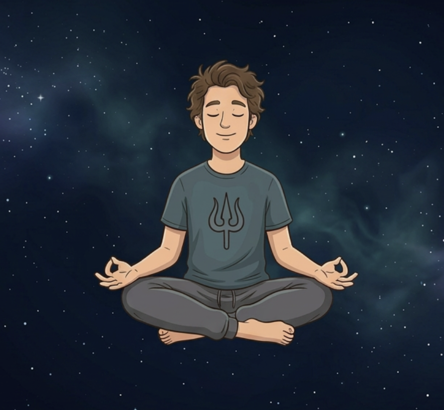 Mitun Shil, illustrated portrait, seated in meditation among the cosmos
